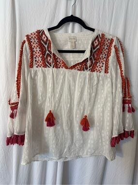 Chico's White Boho Tunic with Orange & Pink Tassel Embroidery